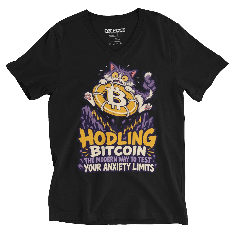 HODLing Bitcoin The Modern Way to Test Your Anxiety Limits V-neck T-shirt