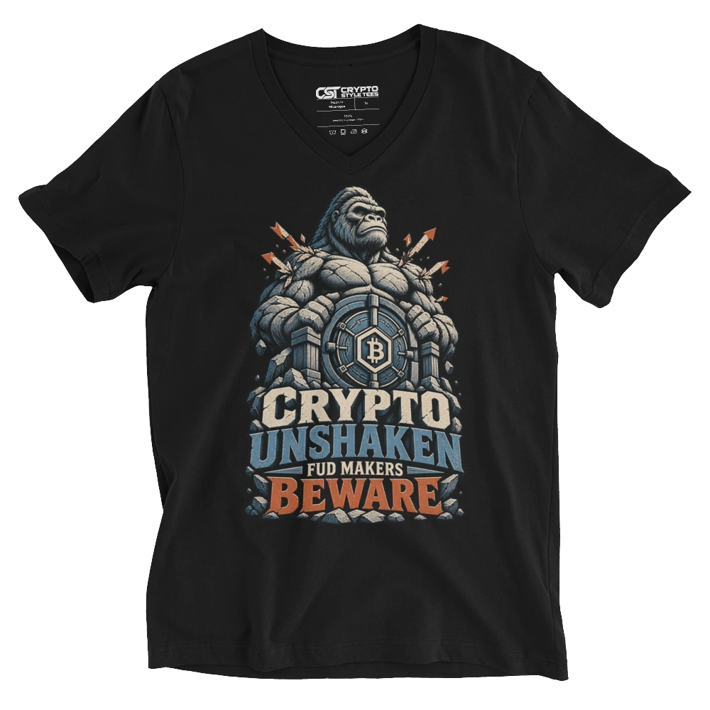 Crypto Unshaken FUD Makers Beware V-neck T-shirt in Black