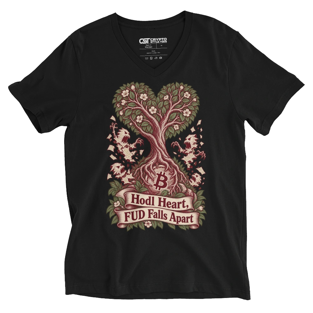 Hodl Heart, FUD Falls Apart V-neck T-shirt in Black