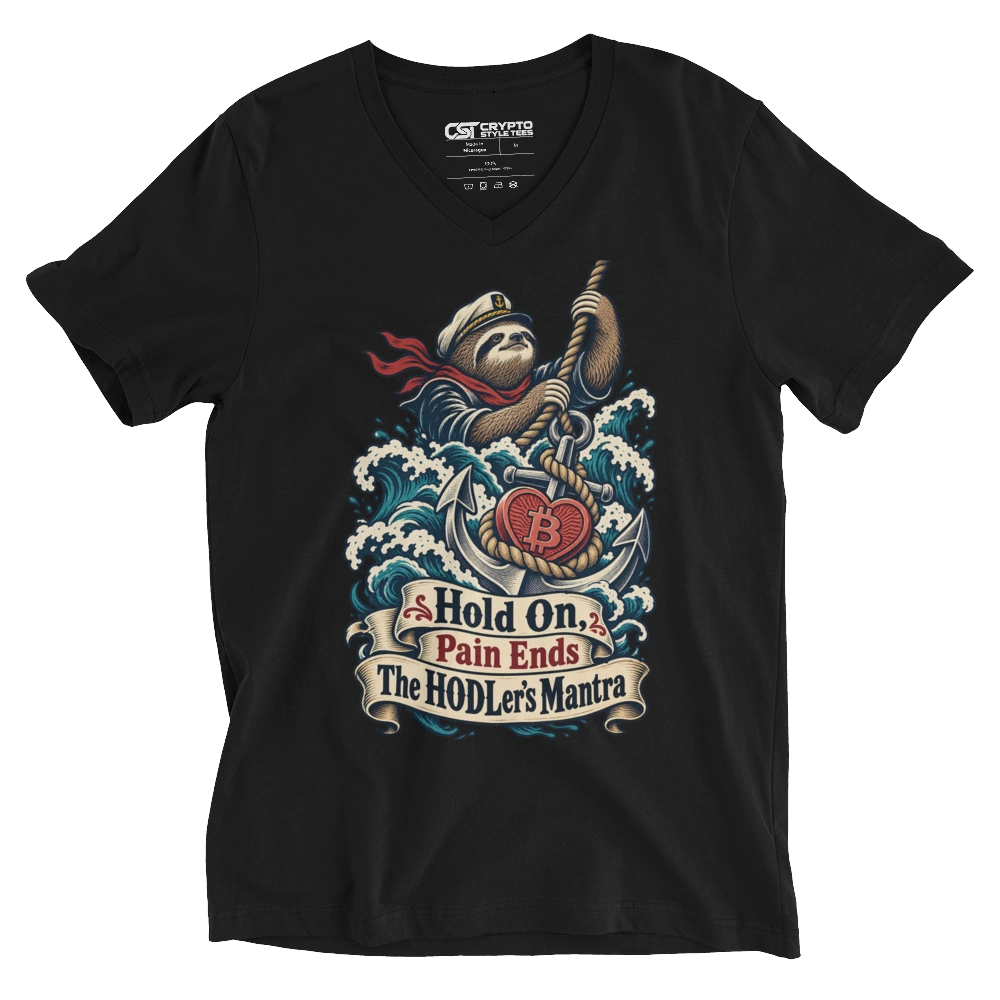 Hold On, Pain Ends The HODLer’s Mantra V-neck T-shirt in Black