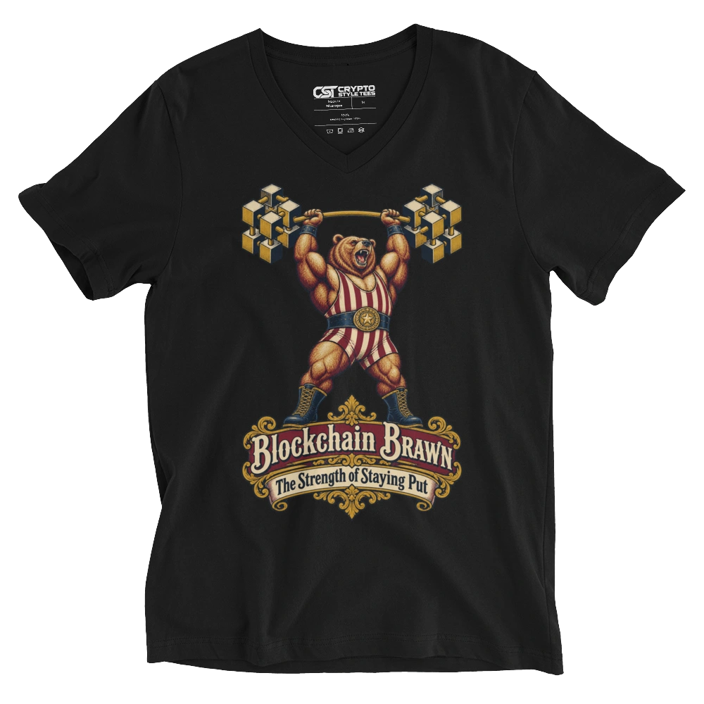 Blockchain Brawn The Strength of Staying Put V-neck T-shirt in Black