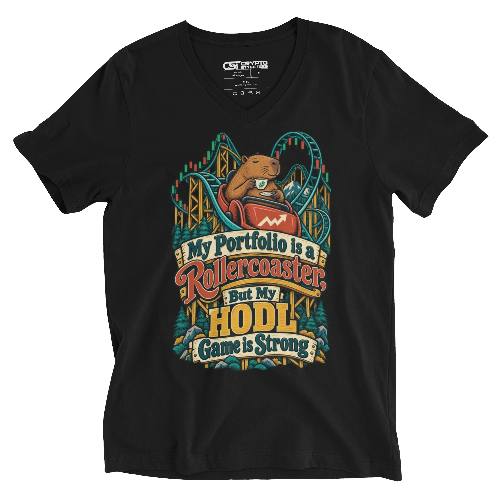 My Portfolio is a Rollercoaster, But My HODL Game is Strong V-neck T-shirt in Black