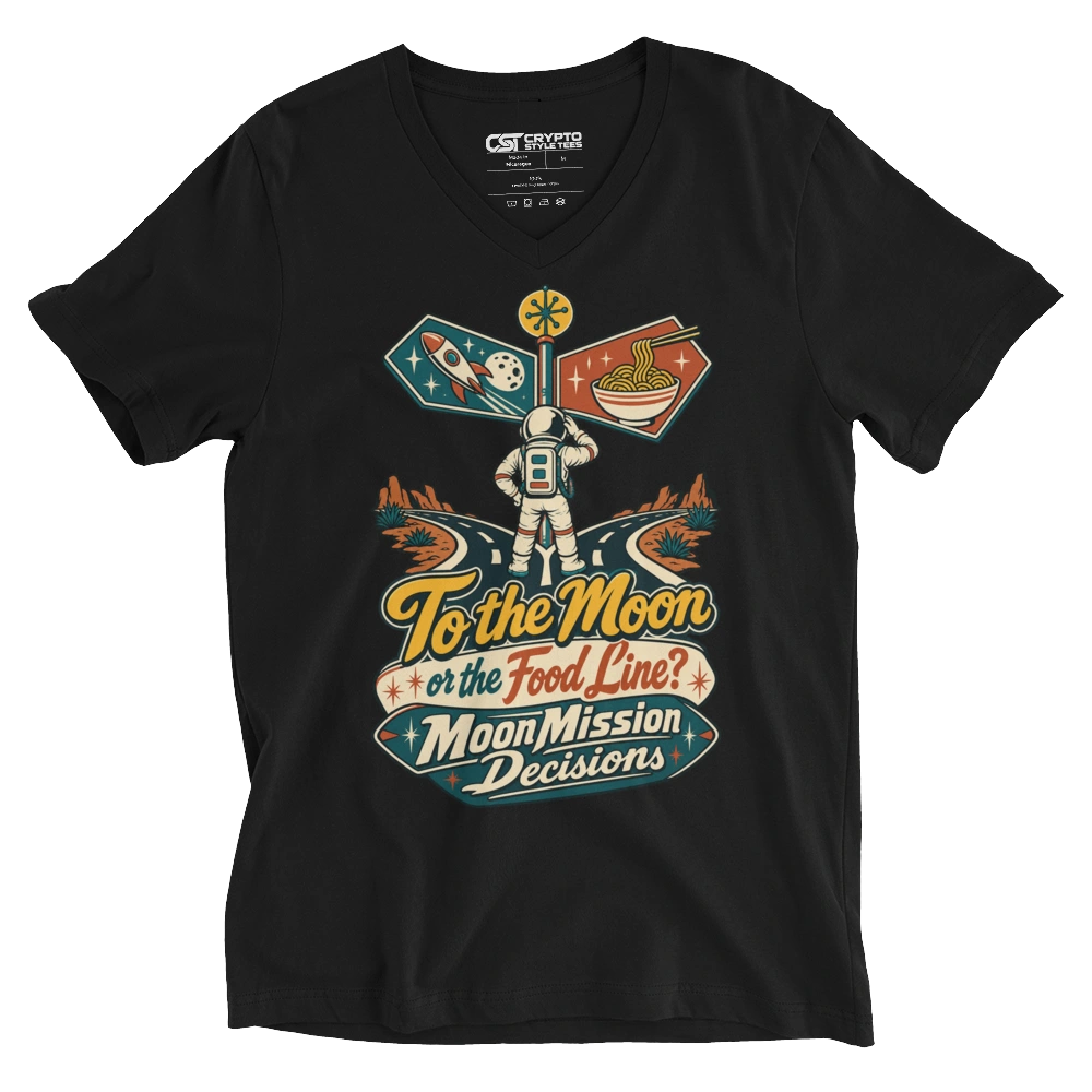 To the Moon or the Food Line? MoonMission Decisions V-neck T-shirt