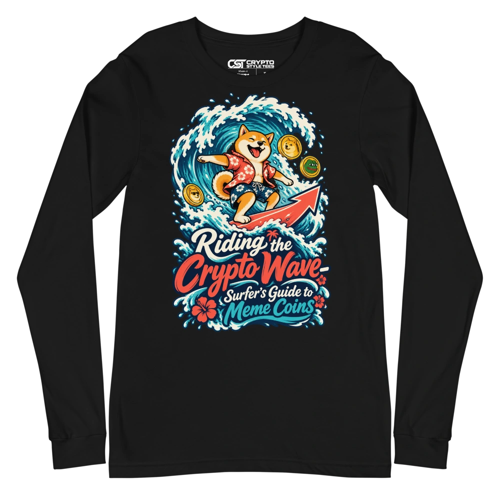 Riding the Crypto Wave – Surfer’s Guide to Meme Coins Long Sleeve T-shirt in Black