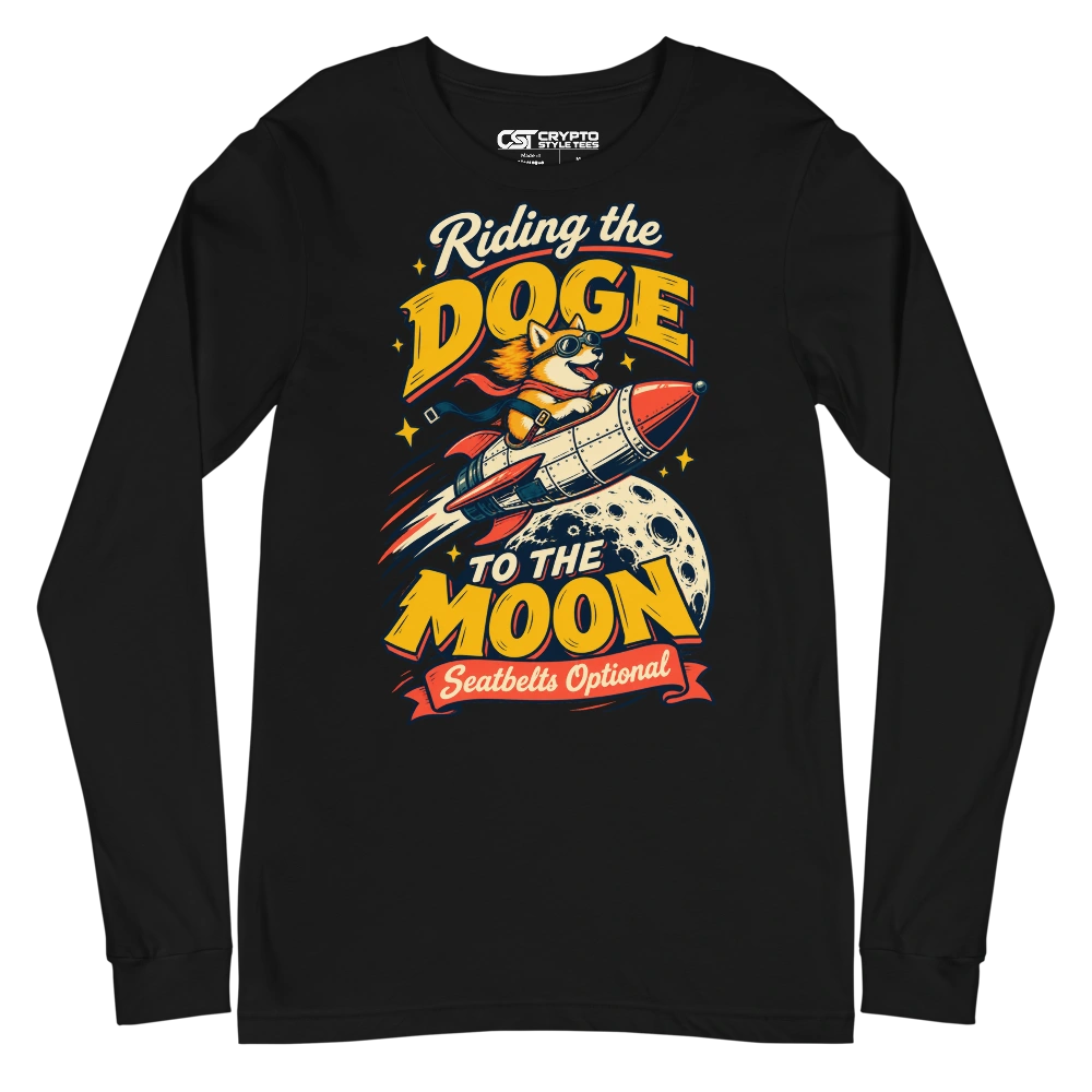 Riding the Doge to the Moon – Seatbelts Optional Long Sleeve T-shirt in Black