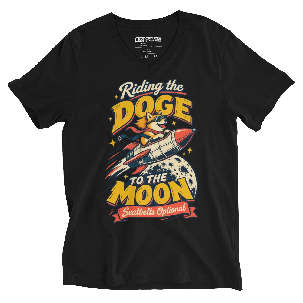 Riding the Doge to the Moon – Seatbelts Optional V-neck T-shirt