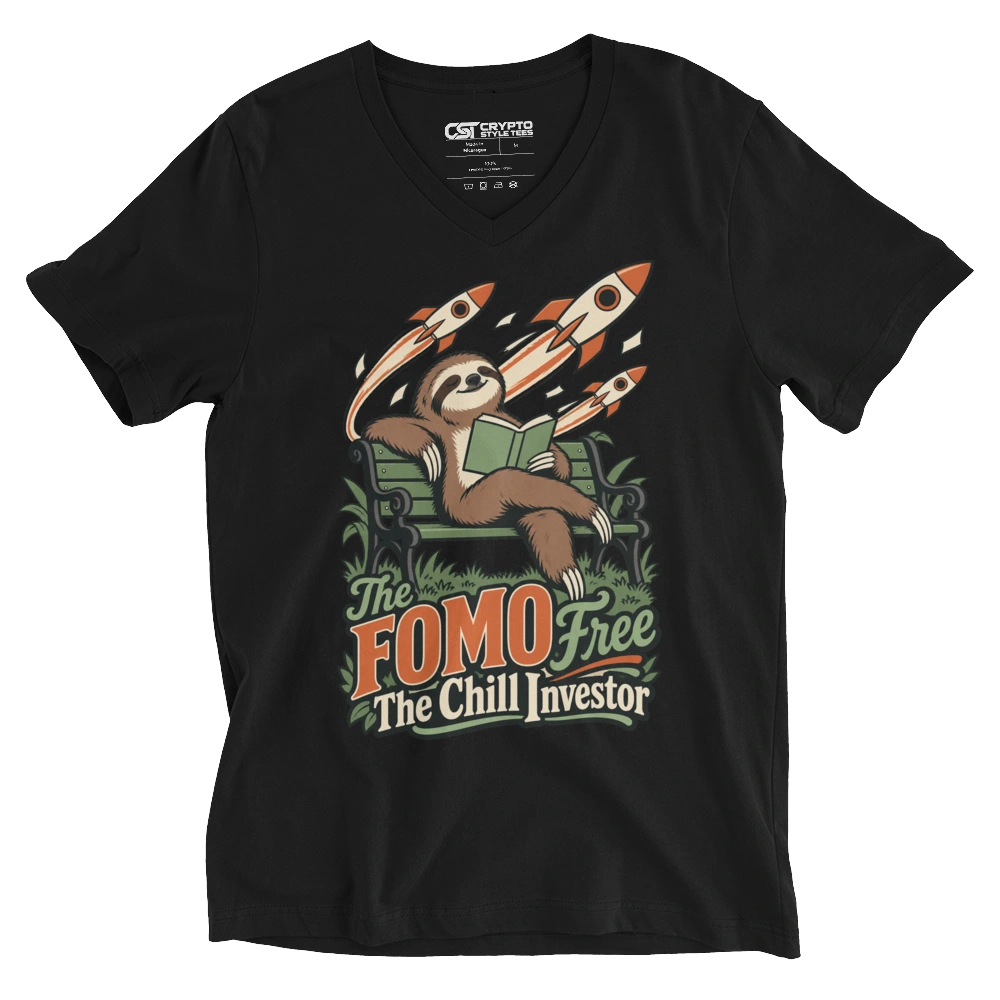 The FOMO Free The Chill Investor V-neck T-shirt in Black
