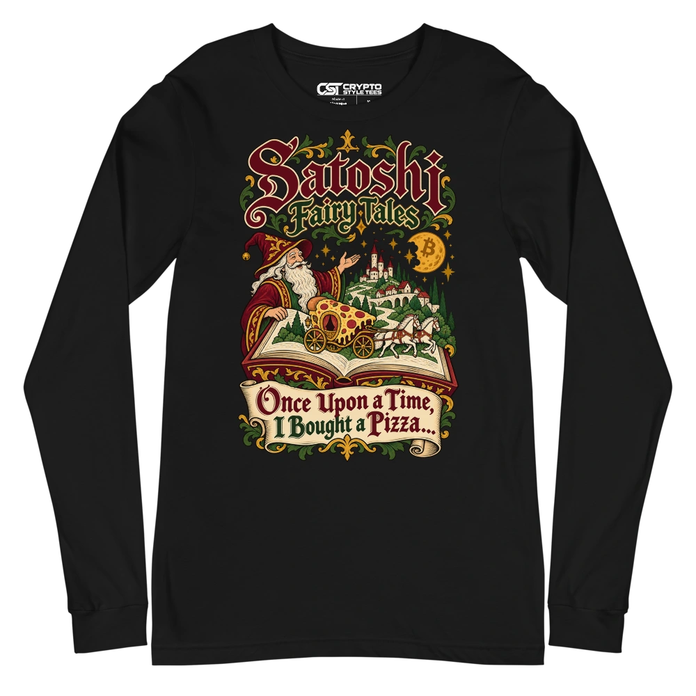 Satoshi Fairy Tales Once Upon a Time, I Bought a Pizza… Long Sleeve T-shirt in Black