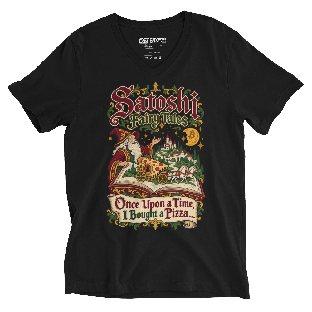 Satoshi Fairy Tales Once Upon a Time, I Bought a Pizza… V-neck T-shirt in Black