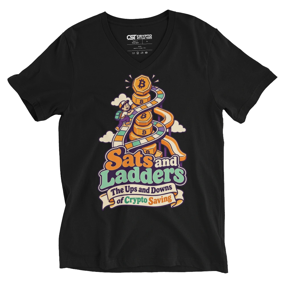 Sats and Ladders The Ups and Downs of Crypto Saving V-neck T-shirt in Black