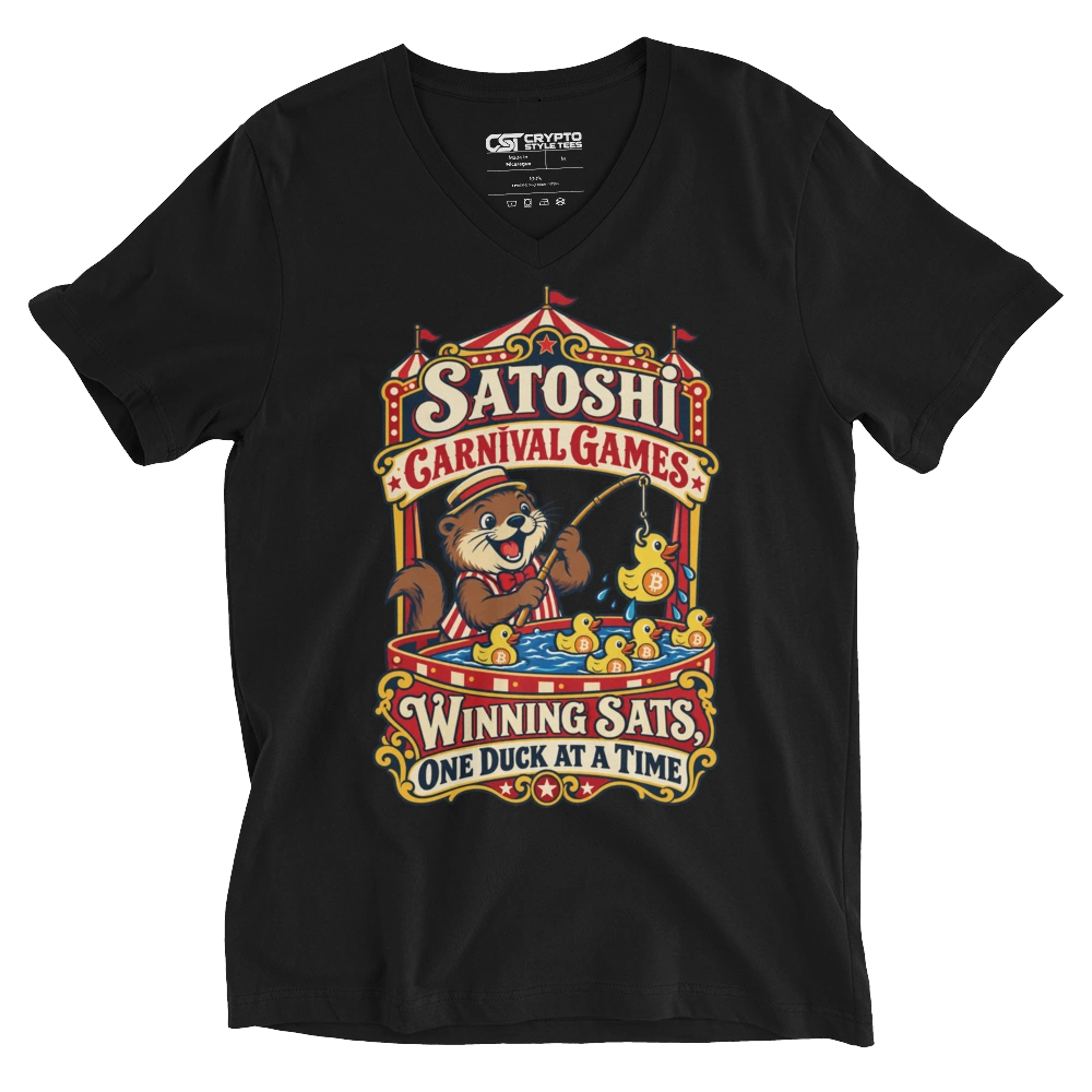 Satoshi Carnival Games Winning Sats, One Duck at a Time V-neck T-shirt in Black