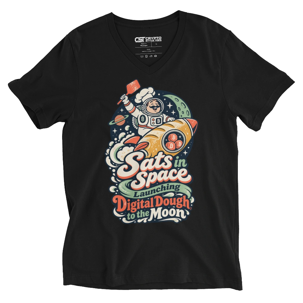 Sats in Space Launching Digital Dough to the Moon V-neck T-shirt in Black