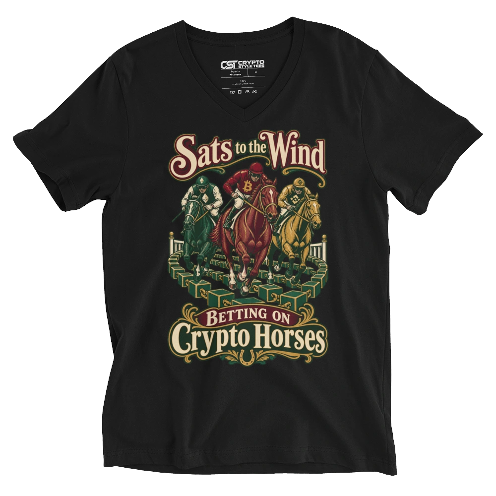 Sats to the Wind Betting on Crypto Horses V-neck T-shirt in Black