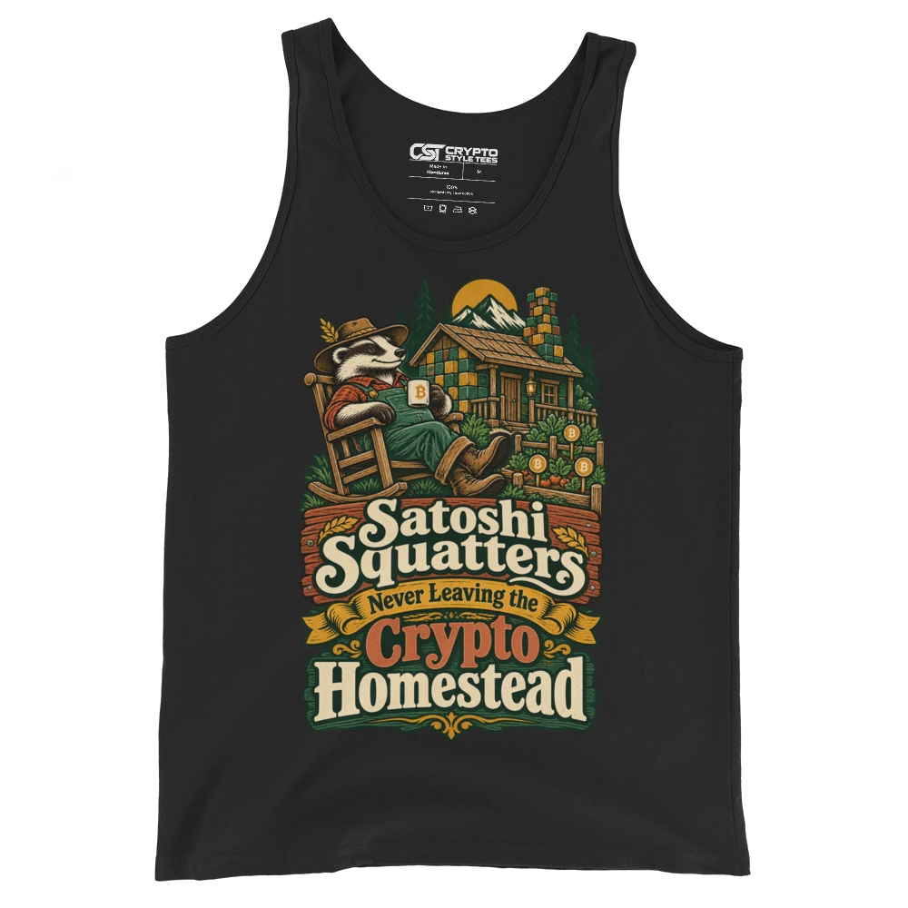 Satoshi Squatters Never Leaving the Crypto Homestead Tank Top in Black