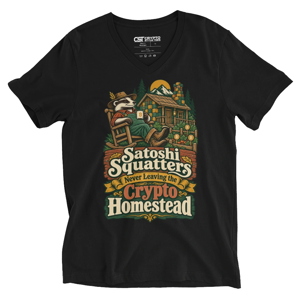 Satoshi Squatters Never Leaving the Crypto Homestead V-neck T-shirt in Black