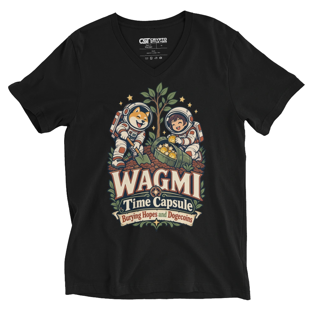 WAGMI Time Capsule Burying Hopes and Dogecoins V-neck T-shirt in Black