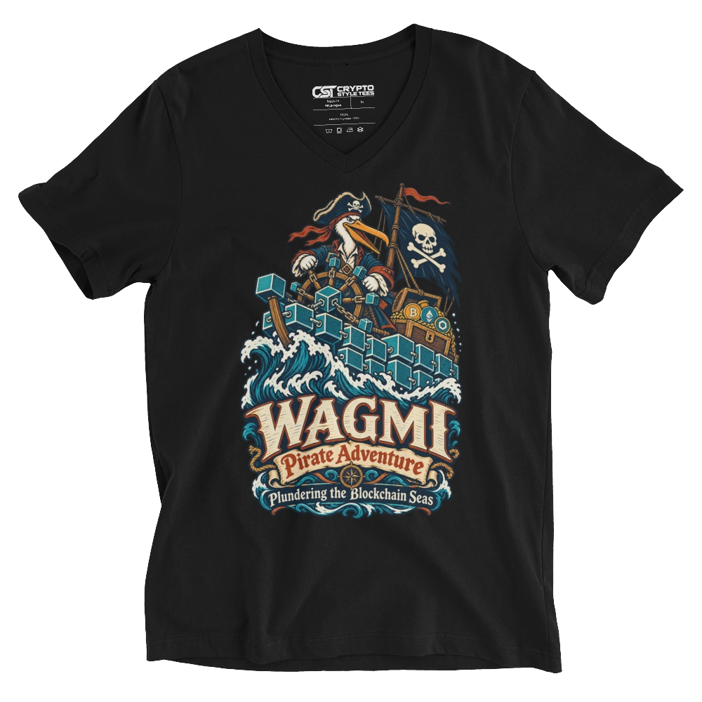 WAGMI Pirate Adventure Plundering the Blockchain Seas V-neck T-shirt in Black