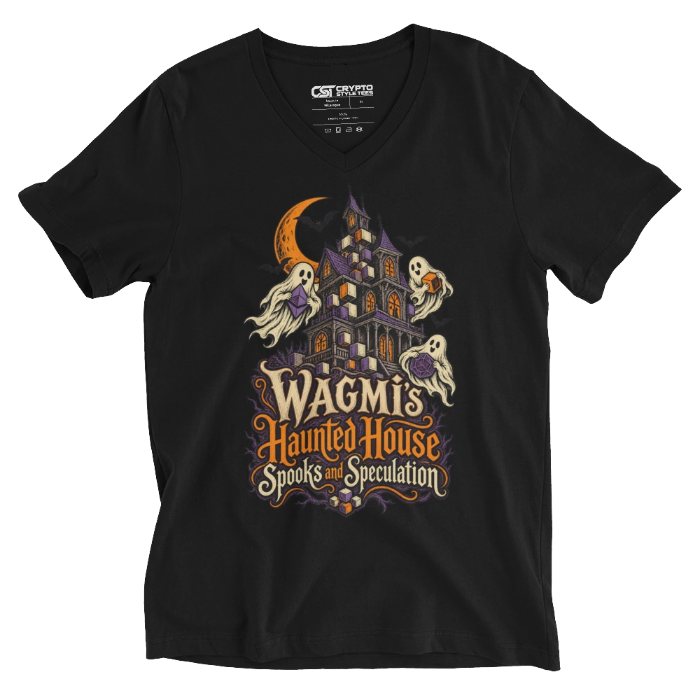WAGMI’s Haunted House Spooks and Speculation V-neck T-shirt in Black