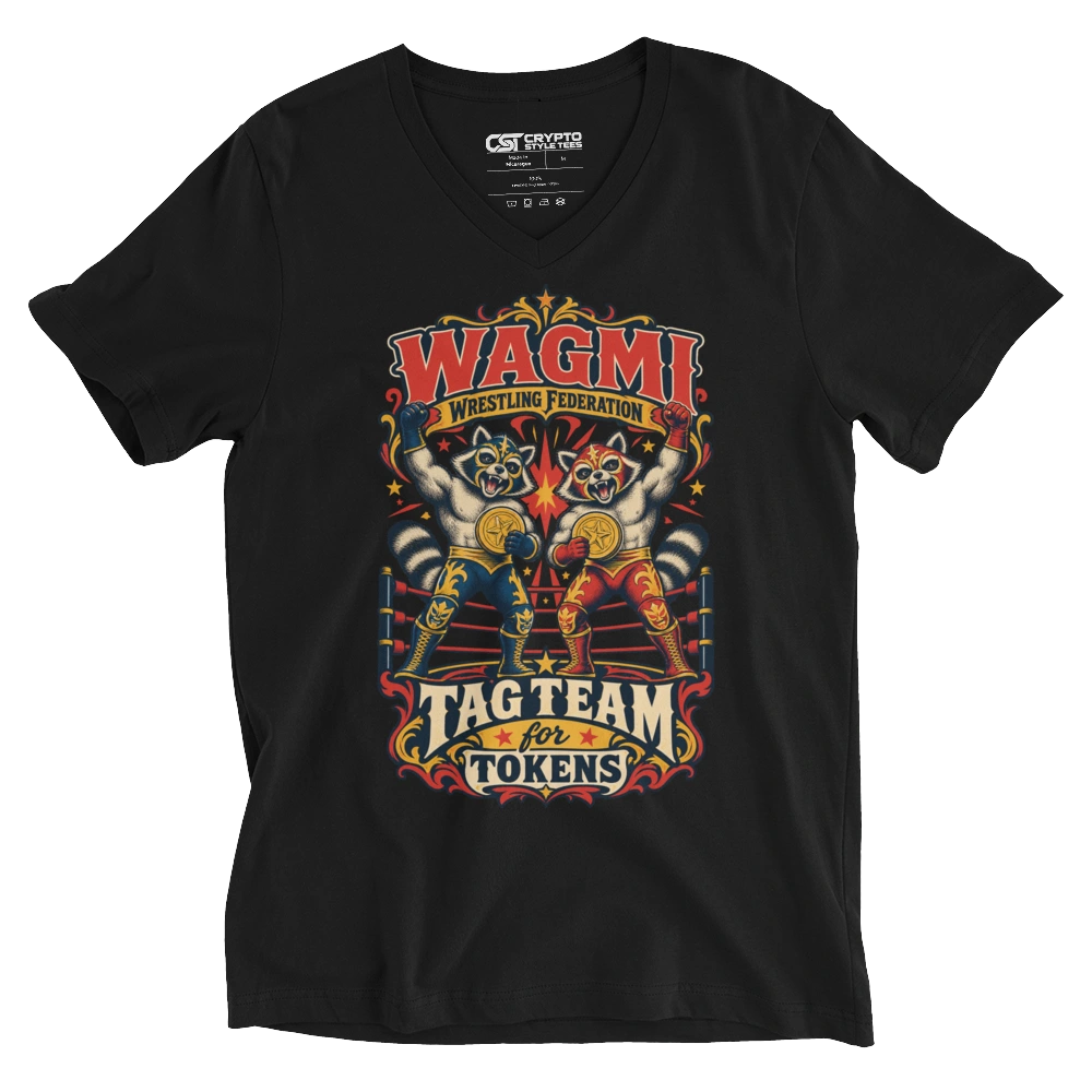 WAGMI Wrestling Federation Tag Team for Tokens V-neck T-shirt in Black