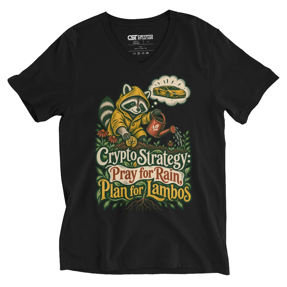 Crypto Strategy: Pray for Rain, Plan for Lambos V-neck T-shirt in Black