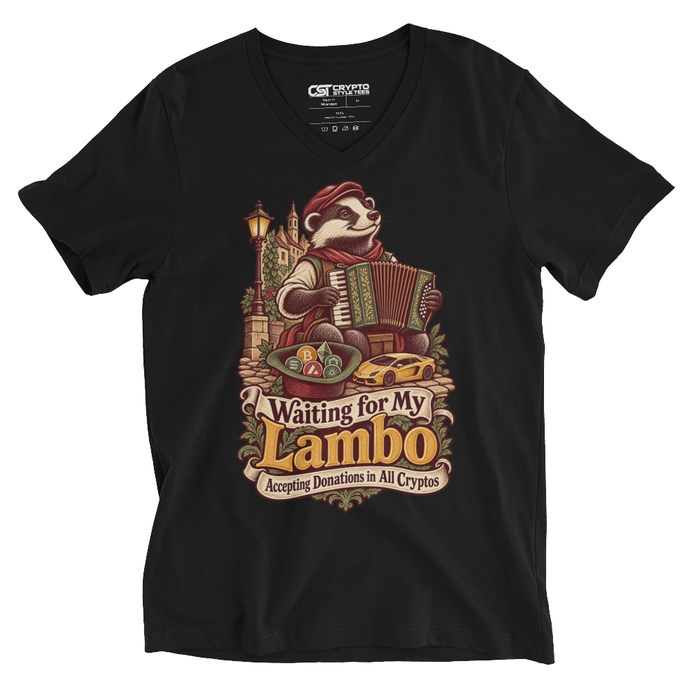 Waiting for My Lambo – Accepting Donations in All Cryptos V-neck T-shirt in Black