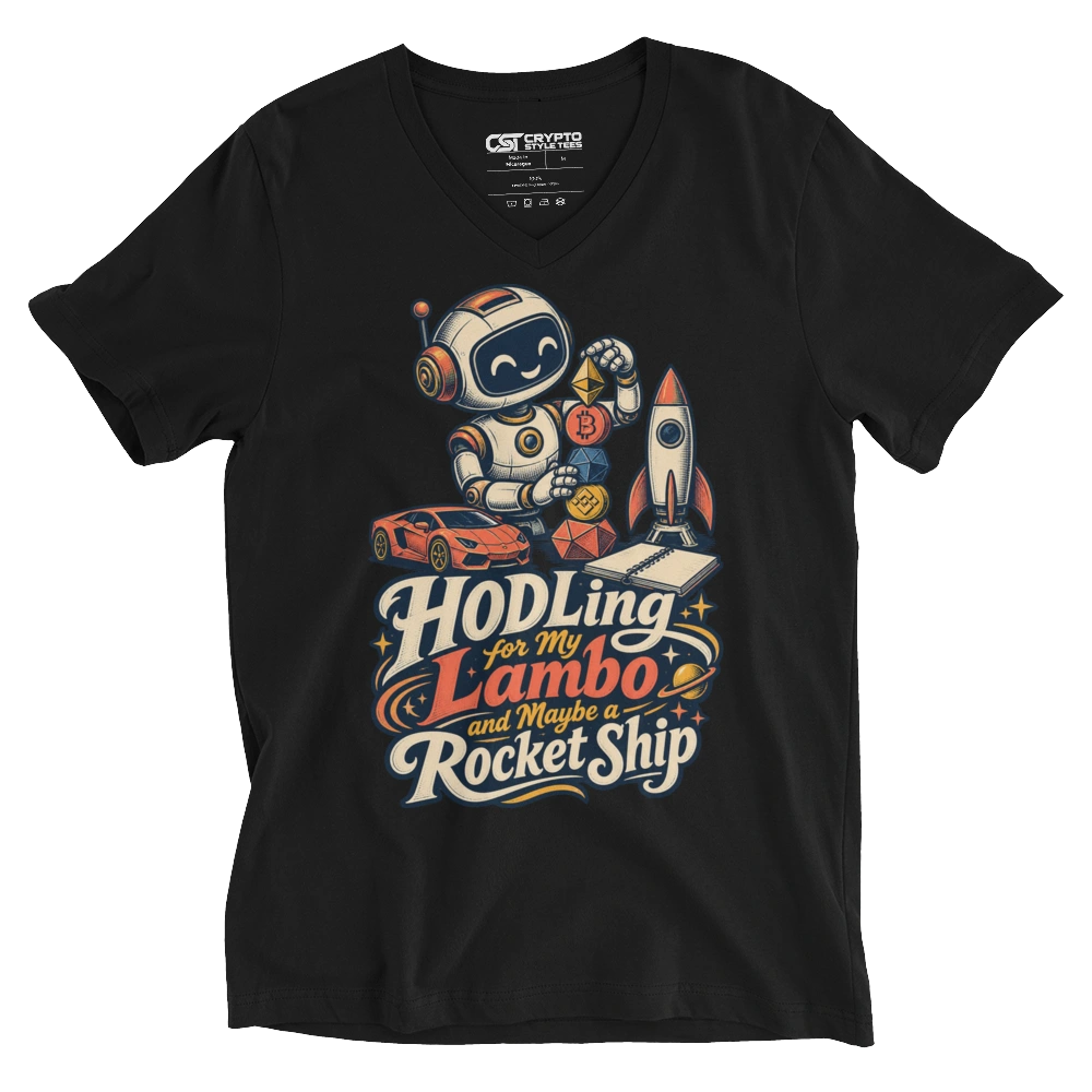 HODLing for My Lambo and Maybe a Rocket Ship V-neck T-shirt in Black