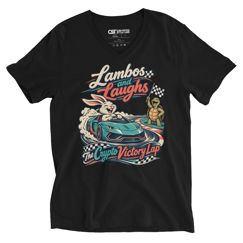 Lambos and Laughs – The Crypto Victory Lap V-neck T-shirt in Black