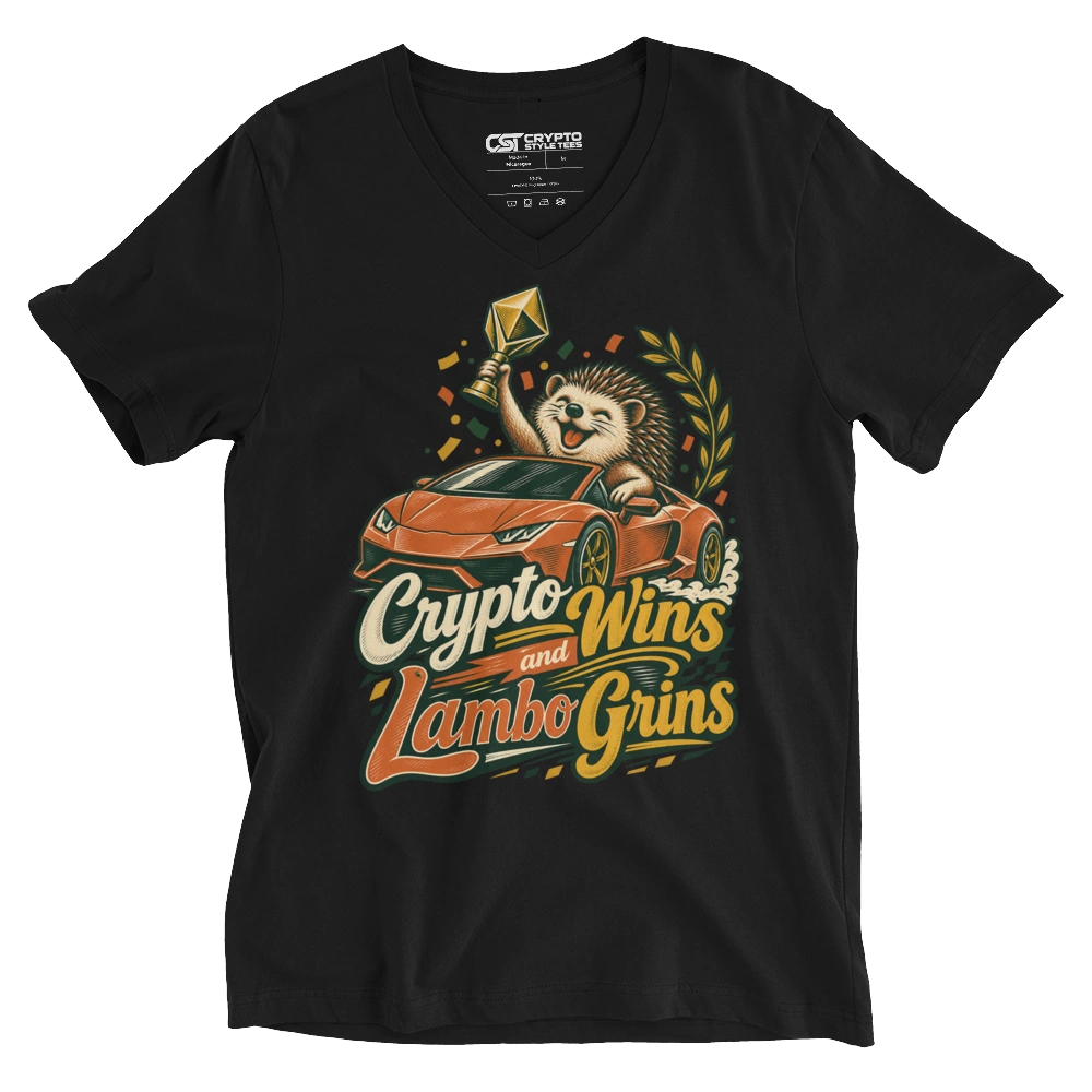 Crypto Wins and Lambo Grins V-neck T-shirt in Black