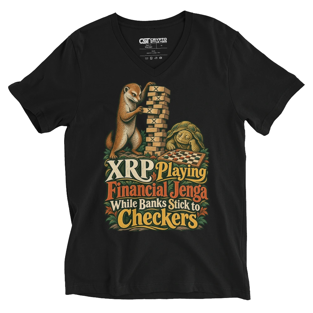 XRP Playing Financial Jenga While Banks Stick to Checkers V-neck T-shirt in Black