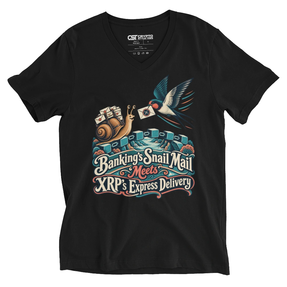 Banking’s Snail Mail Meets XRP’s Express Delivery V-neck T-shirt in Black