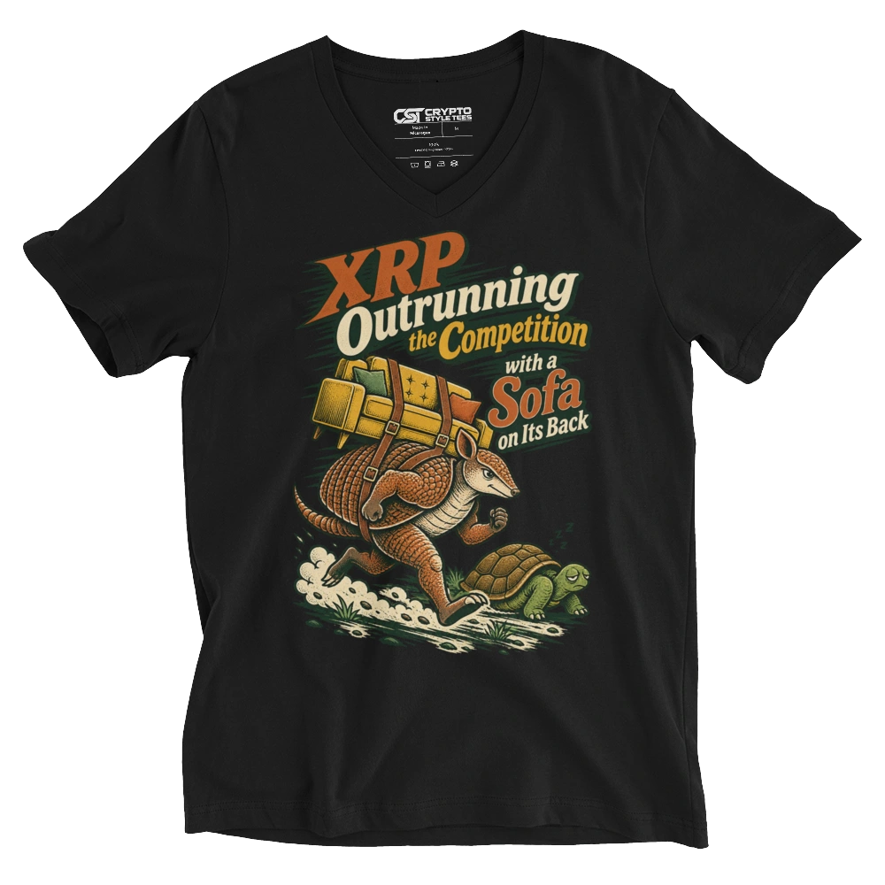 XRP Outrunning the Competition with a Sofa on Its Back V-neck T-shirt in Black
