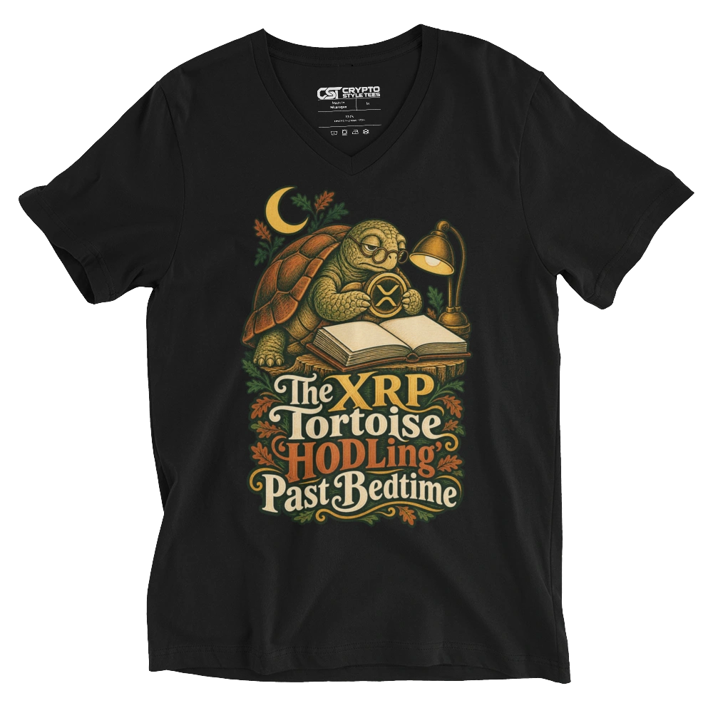The XRP Tortoise ‘HODLing’ Past Bedtime V-neck T-shirt in Black