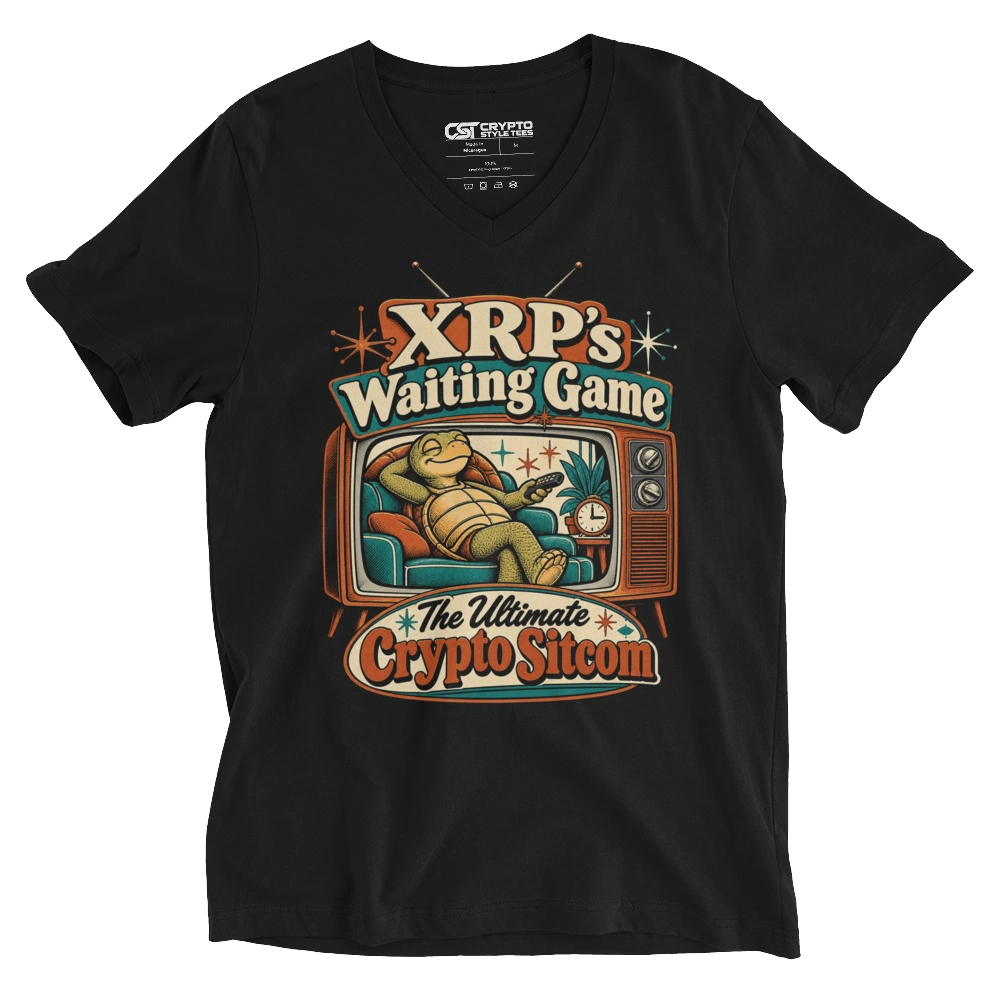 XRP’s Waiting Game The Ultimate Crypto Sitcom V-neck T-shirt in Black