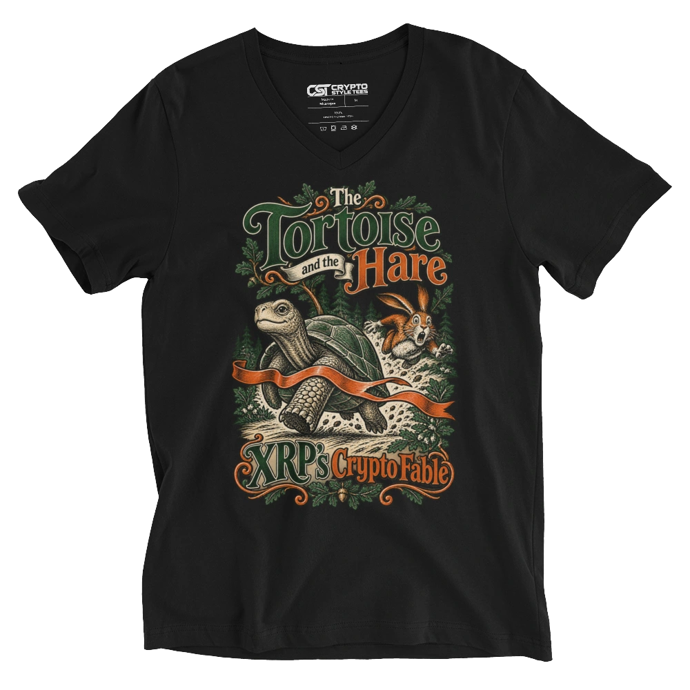 The Tortoise and the Hare XRP’s Crypto Fable V-neck T-shirt in Black