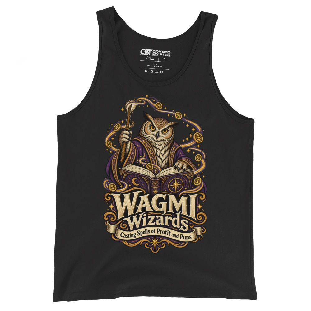 WAGMI Wizards Casting Spells of Profit and Puns Tank Top in Black