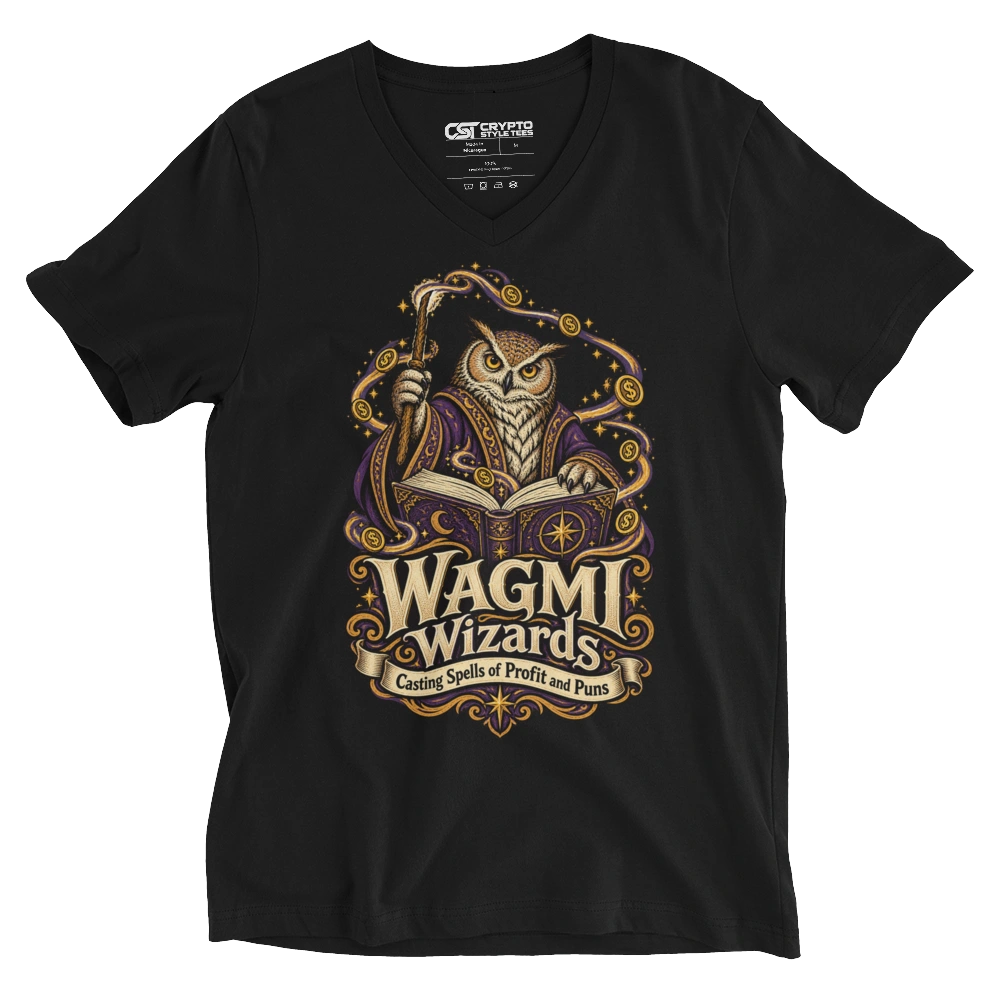WAGMI Wizards Casting Spells of Profit and Puns V-neck T-shirt in Black