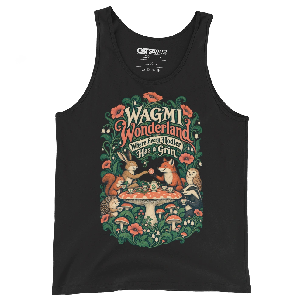 WAGMI Wonderland Where Every Hodler Has a Grin Tank Top in Black