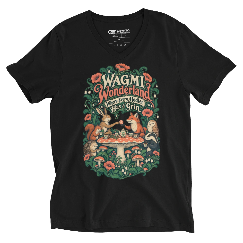 WAGMI Wonderland Where Every Hodler Has a Grin V-neck T-shirt in Black