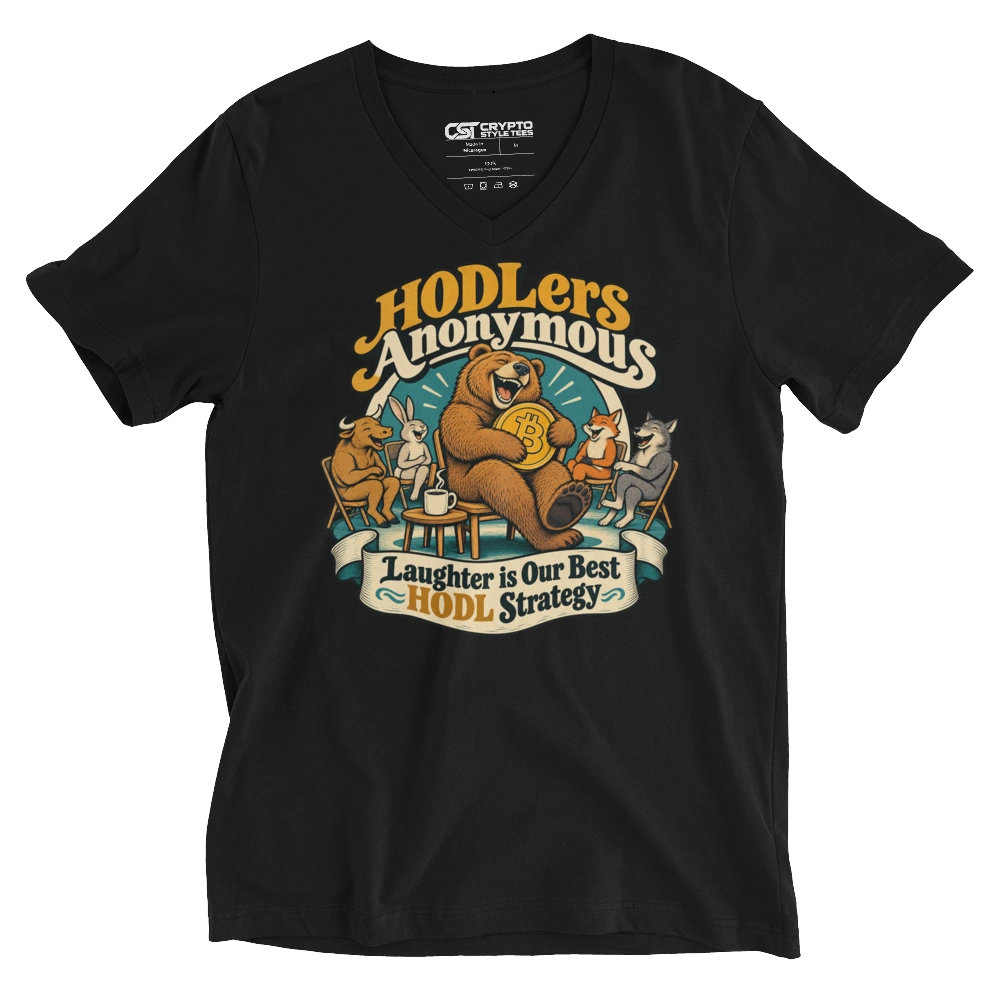 HODLers Anonymous Laughter is Our Best HODL Strategy V-neck T-shirt in Black