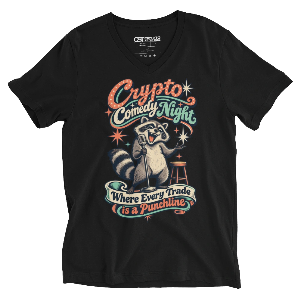 Crypto Comedy Night Where Every Trade is a Punchline V-neck T-shirt in Black
