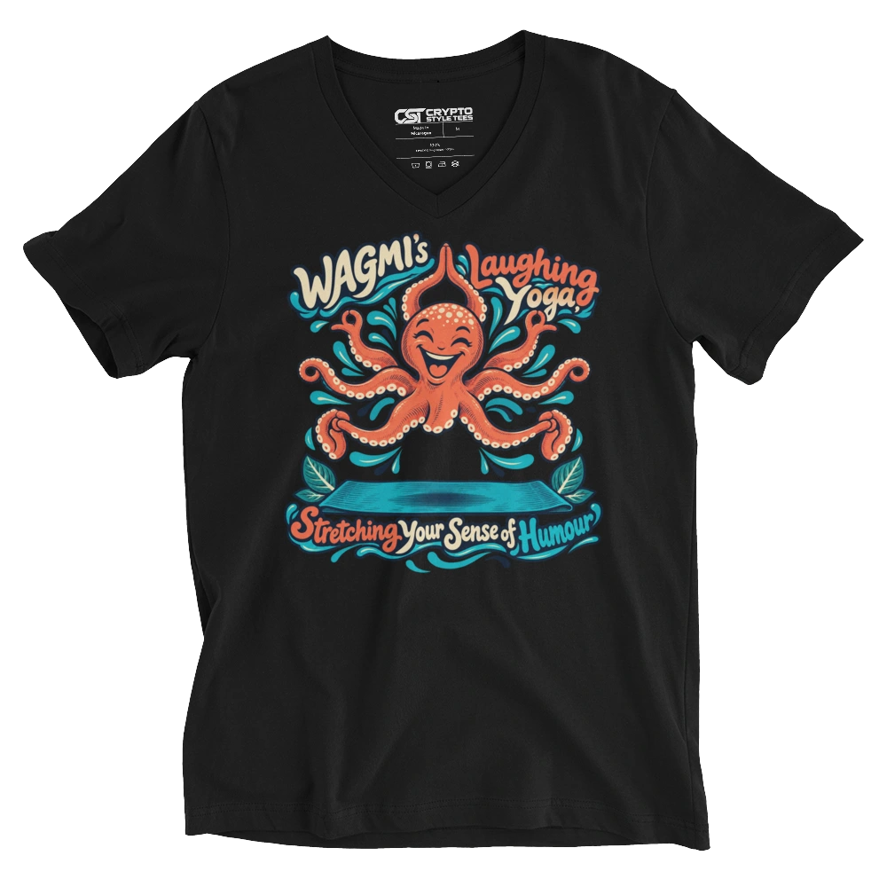 WAGMI’s Laughing Yoga, Stretching Your Sense of Humour V-neck T-shirt in Black