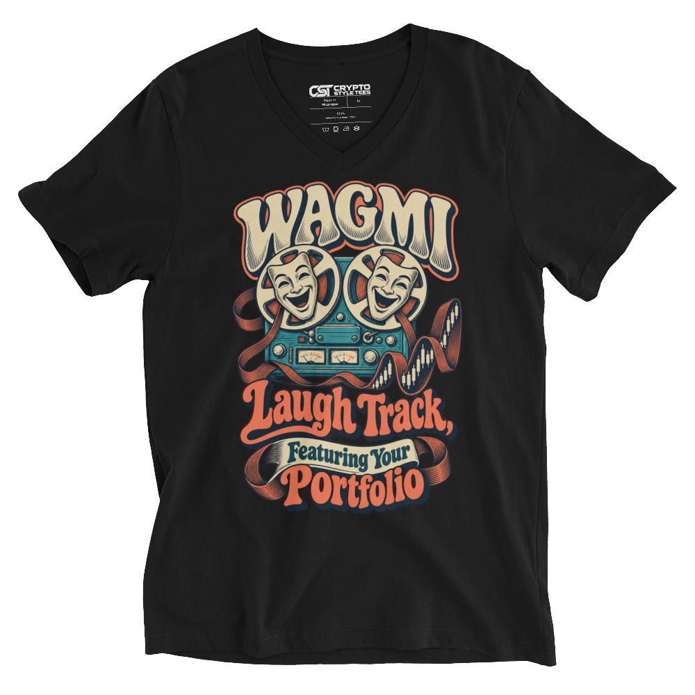 WAGMI Laugh Track, Featuring Your Portfolio V-neck T-shirt in Black