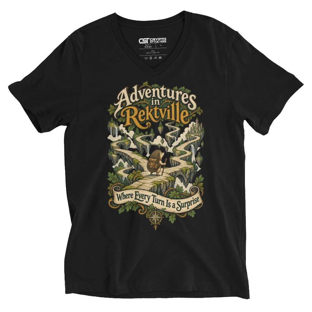 Adventures in Rektville Where Every Turn Is a Surprise V-neck T-shirt in Black