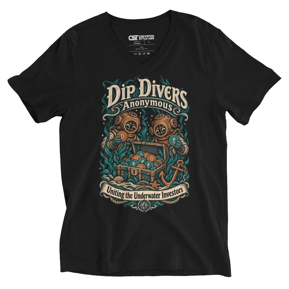 Dip Divers Anonymous – Uniting the Underwater Investors V-neck T-shirt in Black