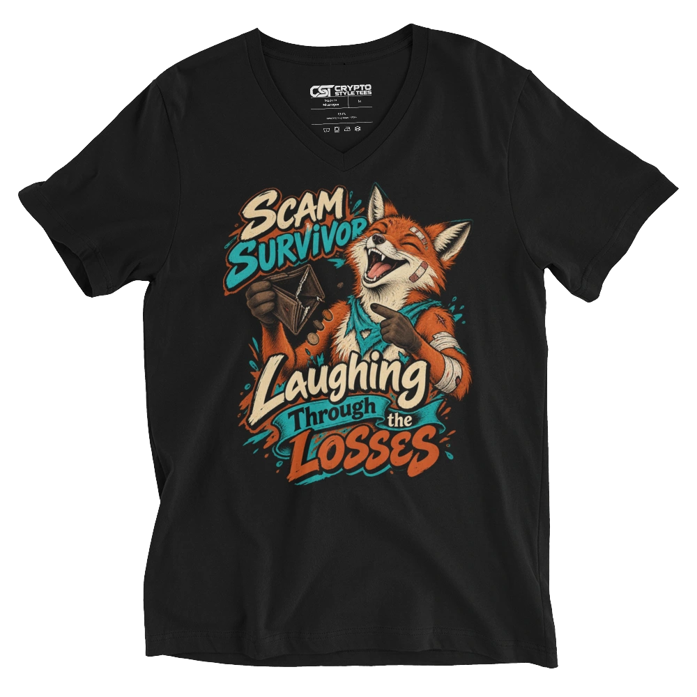Scam Survivor Laughing Through the Losses V-neck T-shirt in Black