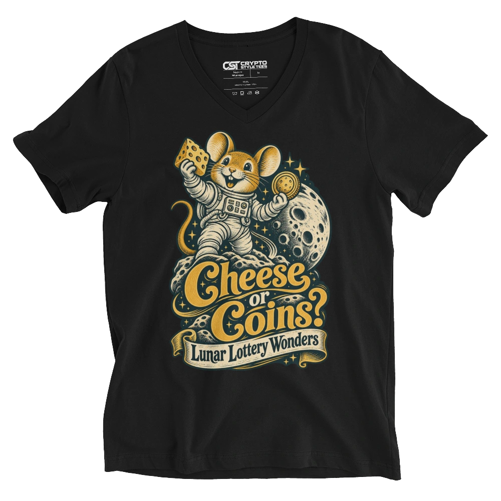 Cheese or Coins? Lunar Lottery Wonders V-neck T-shirt in Black