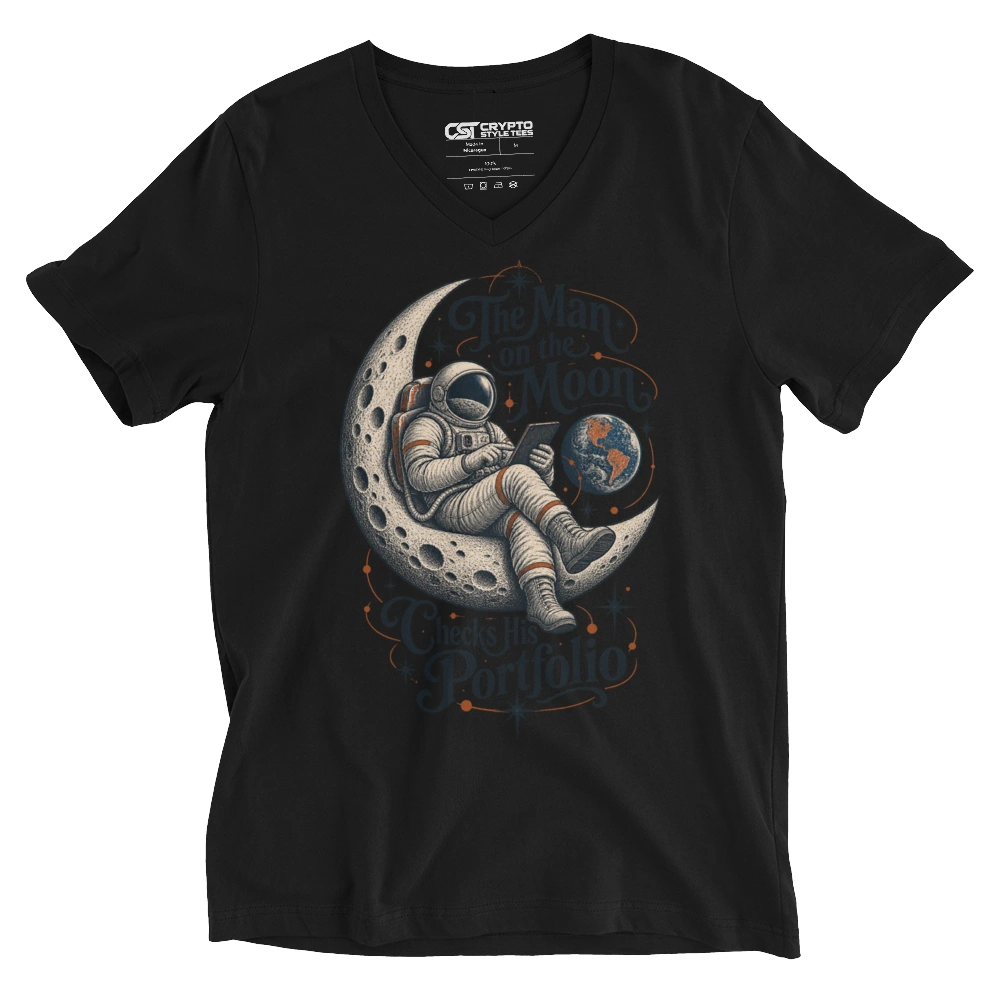 The Man on the Moon Checks His Portfolio V-neck T-shirt in Black