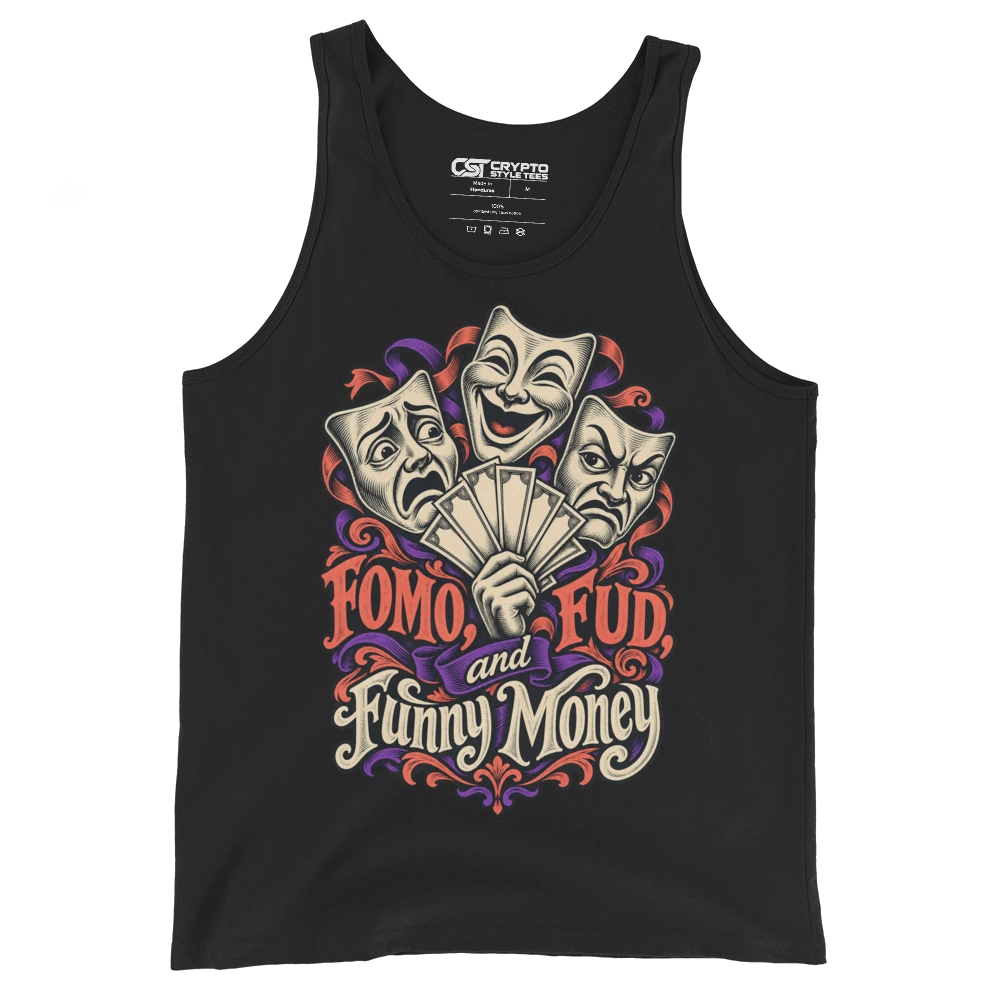 FOMO, FUD, and Funny Money Tank Top in Black