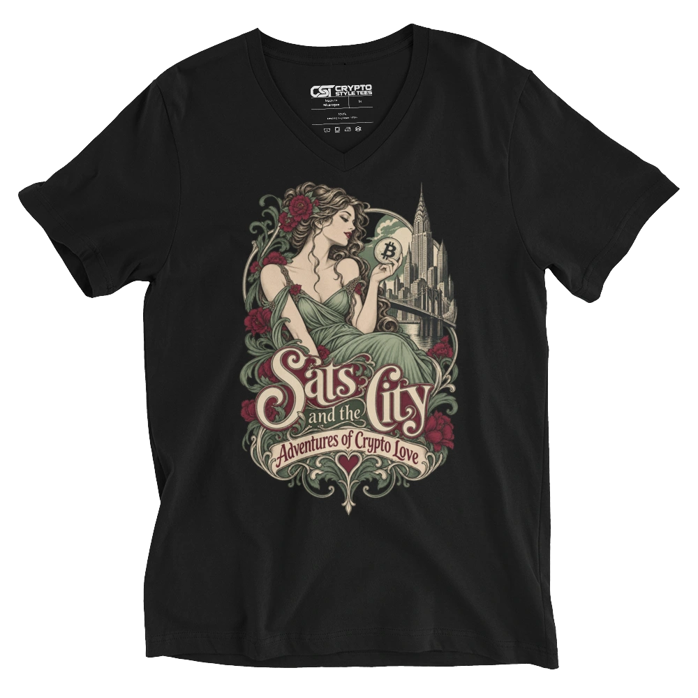 Sats and the City Adventures of Crypto Love V-neck T-shirt in Black
