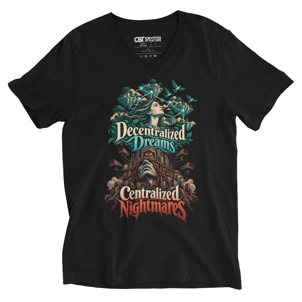 Decentralized Dreams Centralized Nightmares V-neck T-shirt in Black